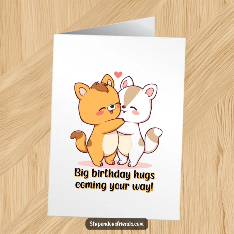 Funny Free Printable Birthday Card, two cute animal characters embracing in a warm and affectionate hug, expressing love.