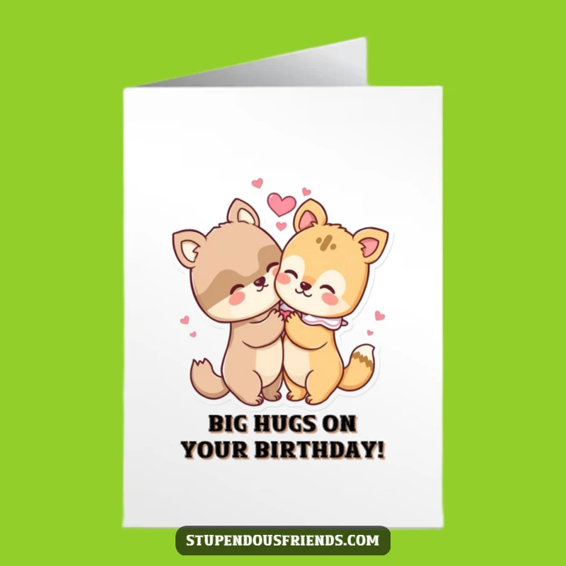 Free Printable Birthday Card: Hugging Animals Duo, Hearts, Funny Digital Download Gift