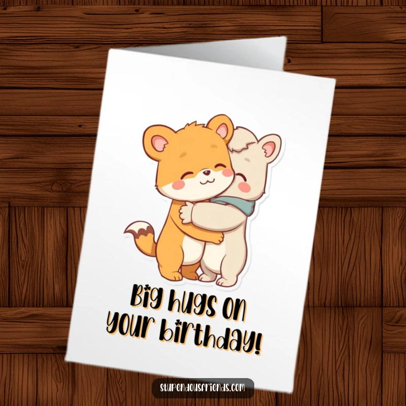 Heartwarming Free Printable Birthday Card: A cute animal character gives a big, comforting hug to another character, a sweet downloadable message.