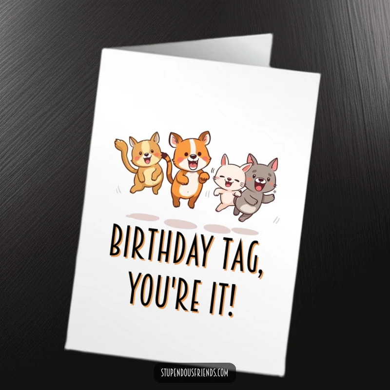 Funny Free Printable Birthday Card shows lively animals mid-leap, playing an energetic game of tag with pure joy and abandon.