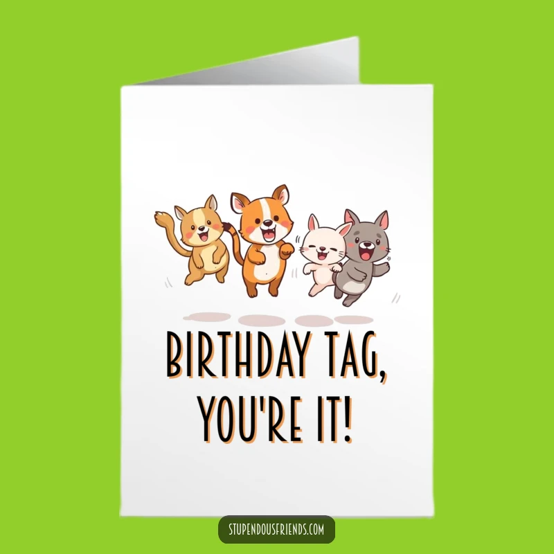 Free Printable Birthday Card: Energetic Animals Playing Tag, Fun!