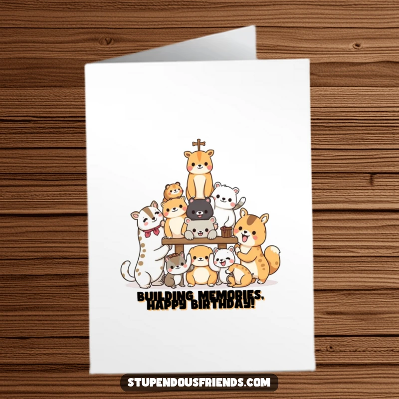 Funny Free Printable Birthday Card: Animal characters joyfully work together, lifting and placing blocks to build something.