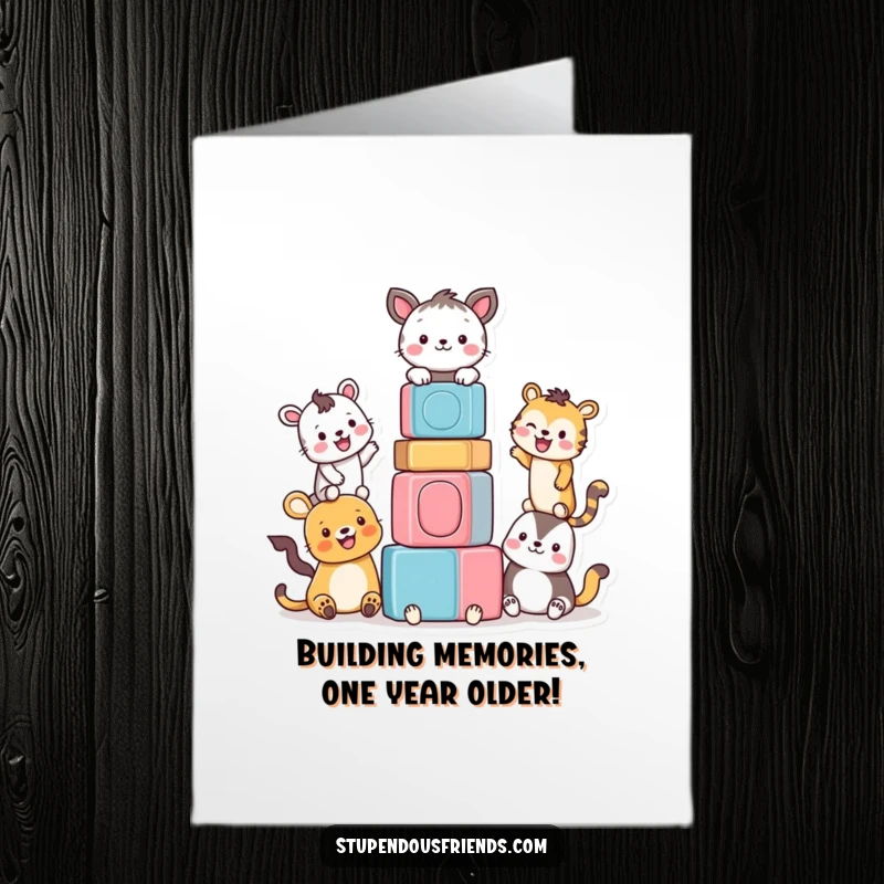 Funny Free Printable Birthday Card featuring happy animals building a colorful block tower, symbolizing teamwork and fun.