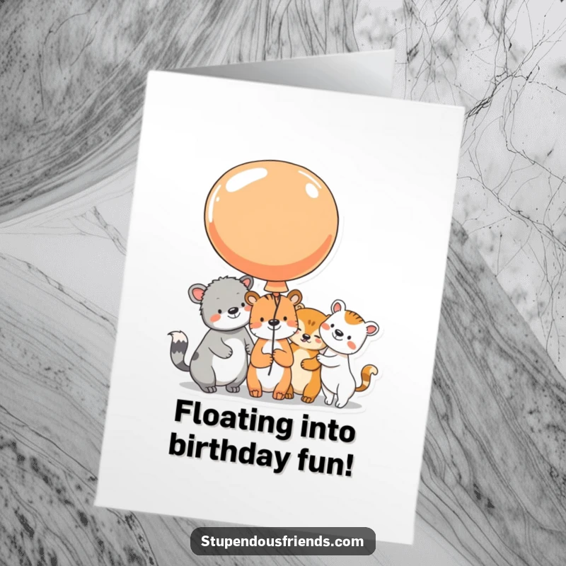 Funny Free Printable Birthday Card: Animal characters sharing a large, colorful balloon, faces beaming with birthday excitement.
