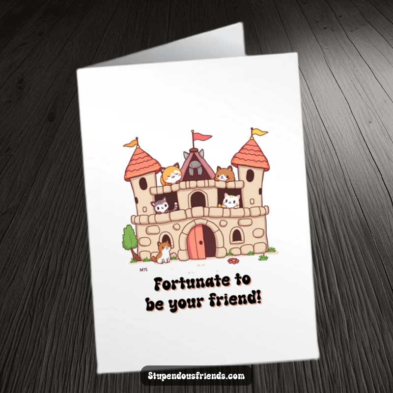 Funny Free Printable Birthday Card: Adorable animal friends collaborating to build a charming, whimsical fort out of blankets and pillows.