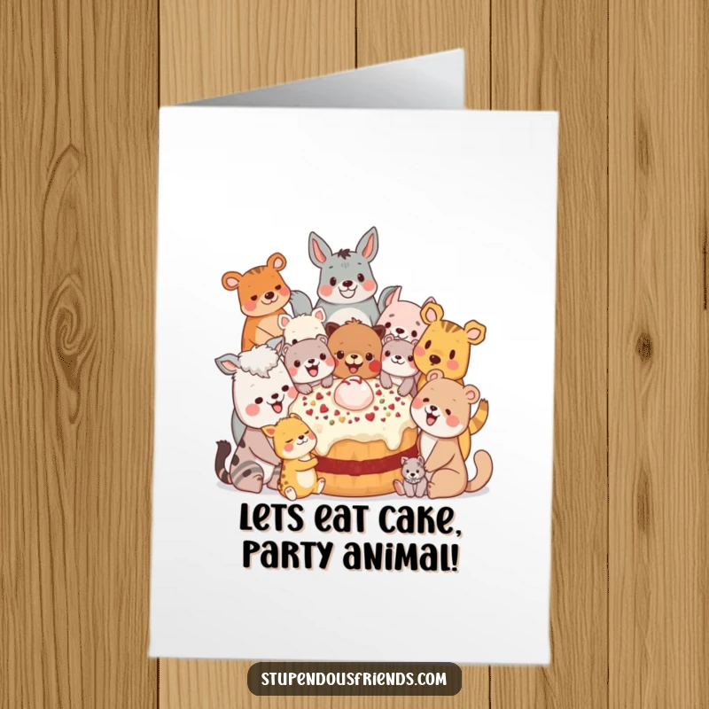 Funny Free Printable Birthday Card showing diverse animal characters happily sharing a giant, delicious treat, symbolizing a joyous communal celebration.