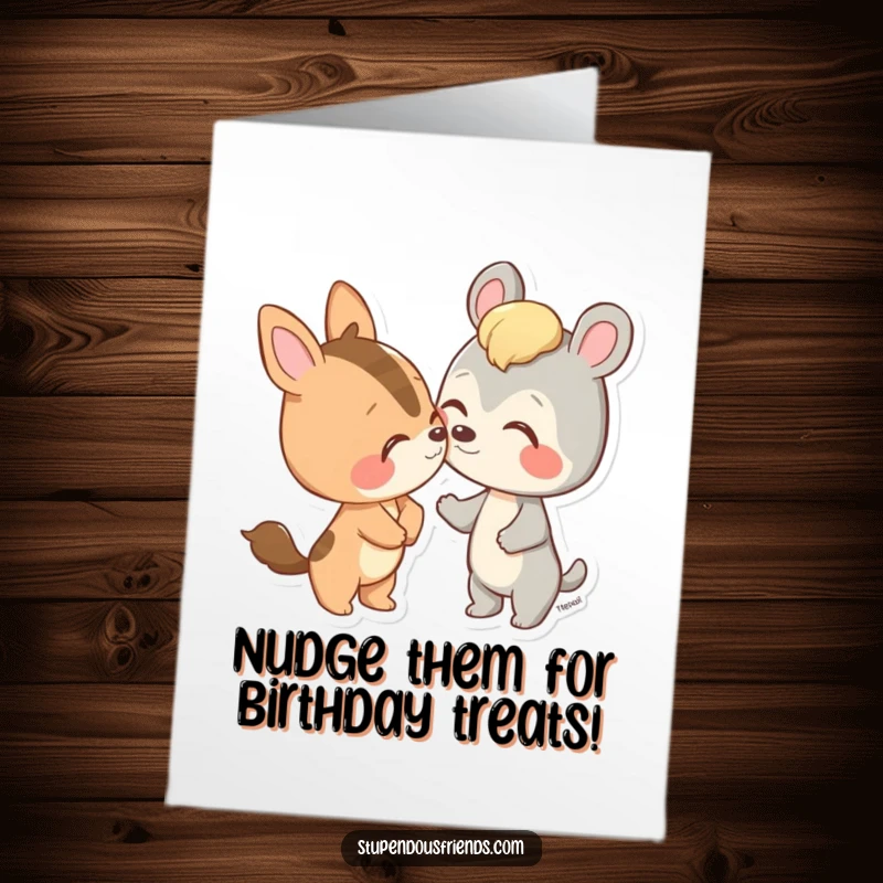 Funny Free Printable Birthday Card: One animal playfully nudges a friend with its nose.