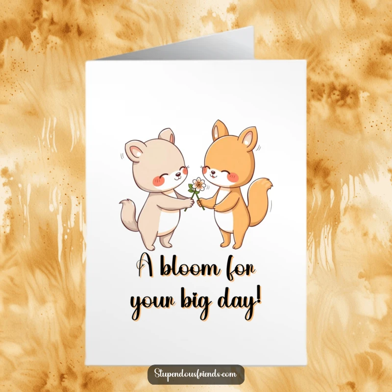 Funny Free Printable Birthday Card: An animal character gently hands a flower to another, a sweet downloadable birthday greeting.