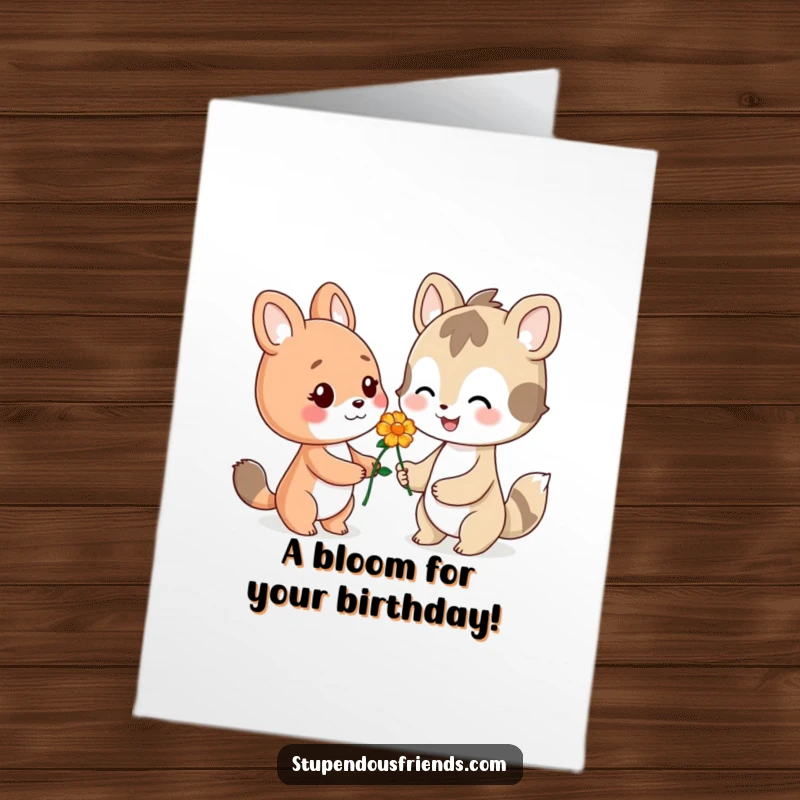 Funny Free Printable Birthday Card: A smiling animal offers a beautiful flower to another, spreading birthday cheer.