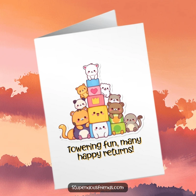 Funny Free Printable Birthday Card, cute animals enthusiastically building a tall block tower together, celebrating a special occasion.