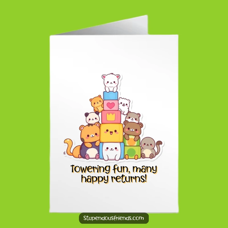 Free Printable Birthday Card: Funny Animal Block Tower, Perfect Downloadable Gift