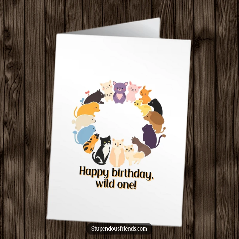 Funny Free Printable Birthday Card: A diverse group of animal silhouettes forming a joyful, celebratory circle.