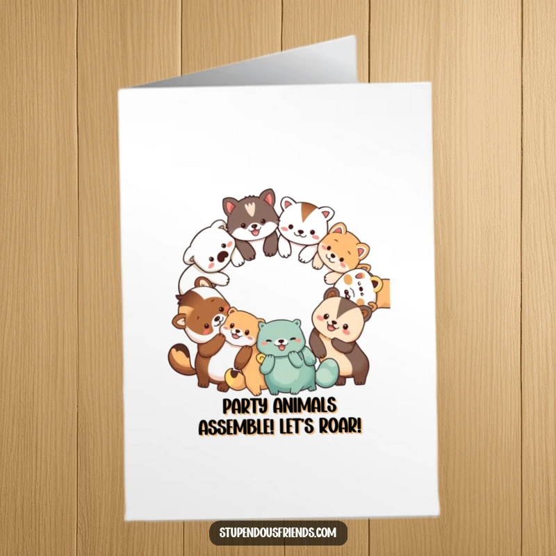 Funny Free Printable Birthday Card: Diverse animals in a circle holding paws, smiling, ready to party with downloadable humor.