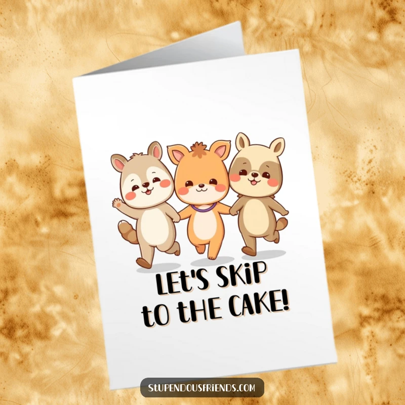 Funny Free Printable Birthday Card: Cheerful animal characters holding hands, skipping joyfully in a line, ready for a celebration.