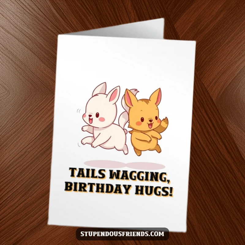 Funny Free Printable Birthday Card featuring playful animals with intertwined tails, mid-run, spreading joyful birthday cheer.