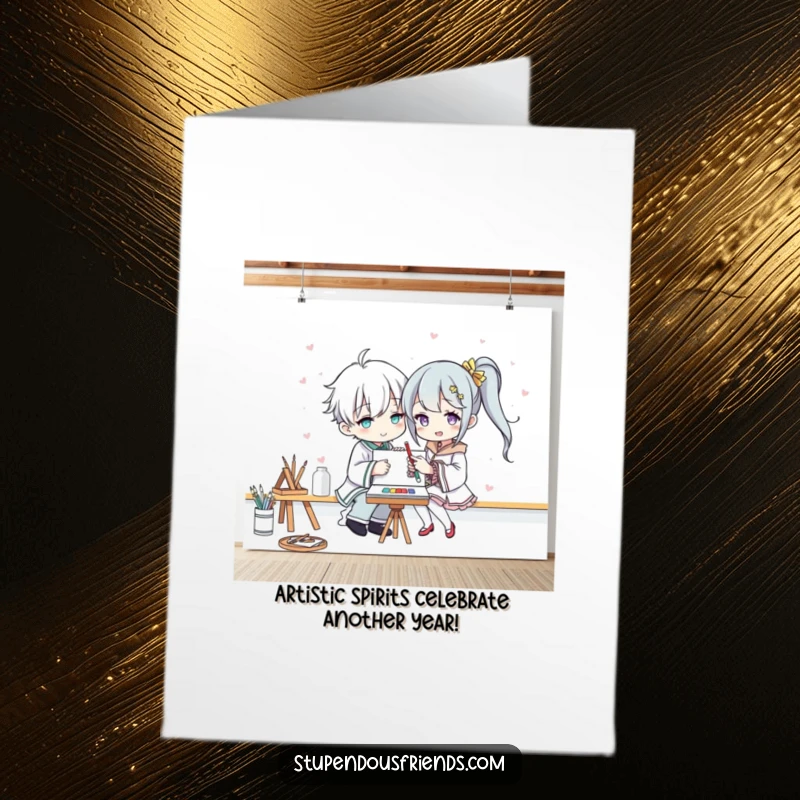 Funny Free Printable Birthday Card: Two pals hilariously painting a masterpiece together on a giant canvas, spreading creative cheer.