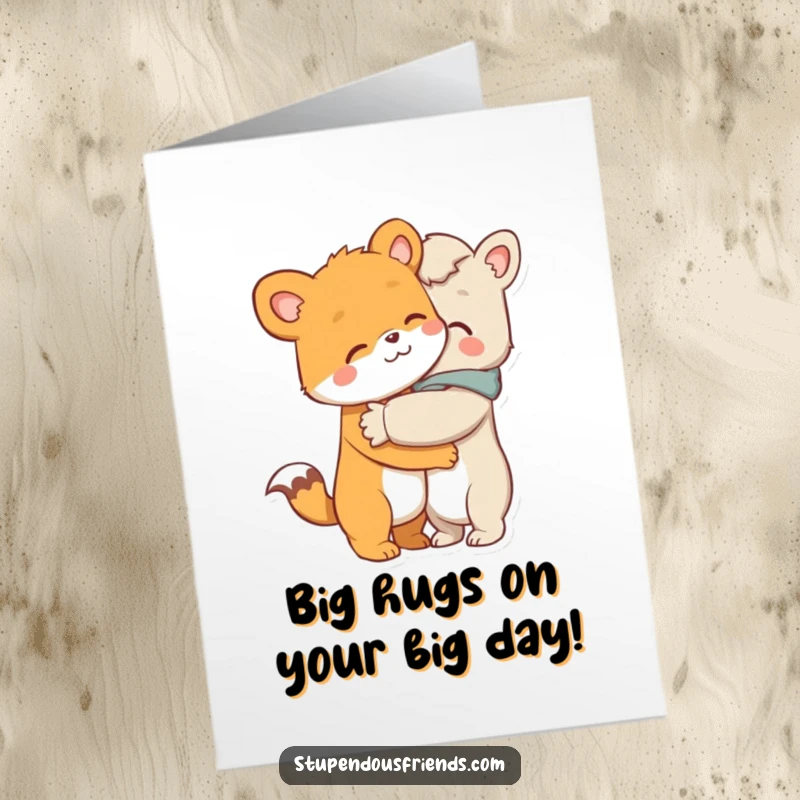Funny Free Printable Birthday Card: An animal character giving a warm, comforting hug to another, spreading downloadable cheer.