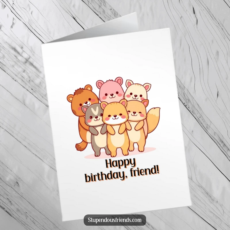 Funny Free Printable Birthday Card shows a chain of animals joyfully holding hands, celebrating togetherness and birthday cheer.