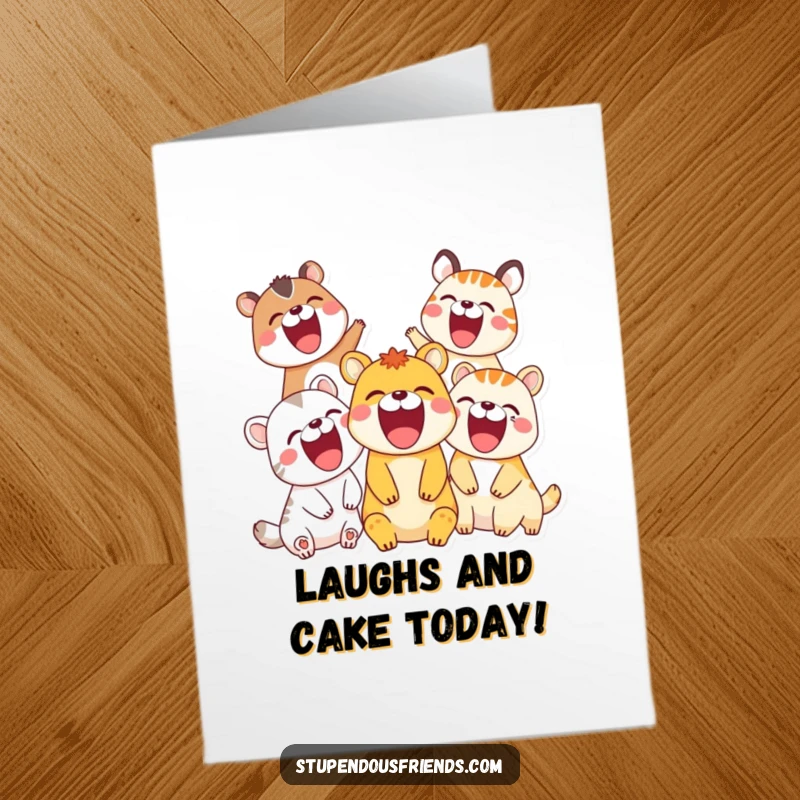 Funny Free Printable Birthday Card: A group of cartoon animals roaring with laughter, heads thrown back in pure amusement.