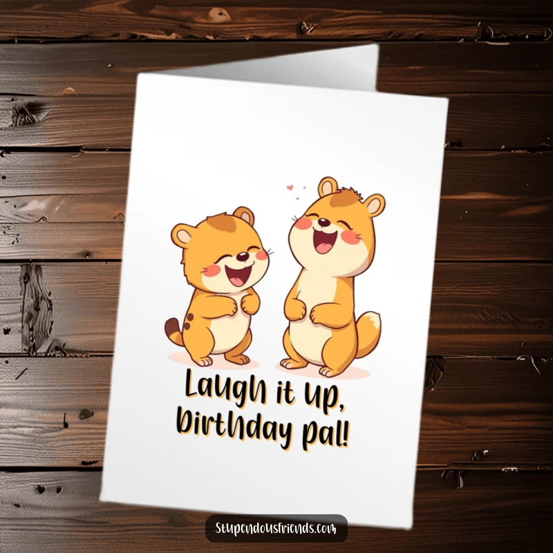 Funny Free Printable Birthday Card: Two animal friends caught mid-guffaw, laughing uncontrollably at a hilarious shared joke.