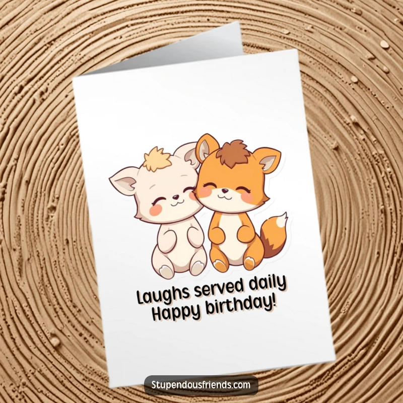 Funny Free Printable Birthday Card with two adorable animals giggling uncontrollably, sharing a joke and leaning on each other.