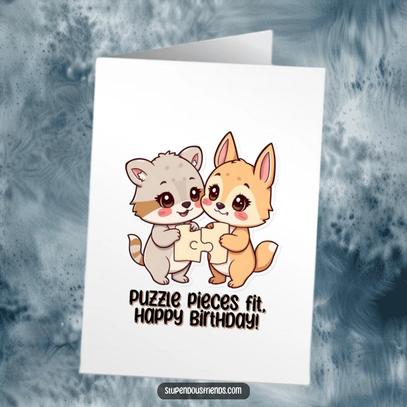 Funny Free Printable Birthday Card featuring animals completing a puzzle, their eyes sparkling with success.