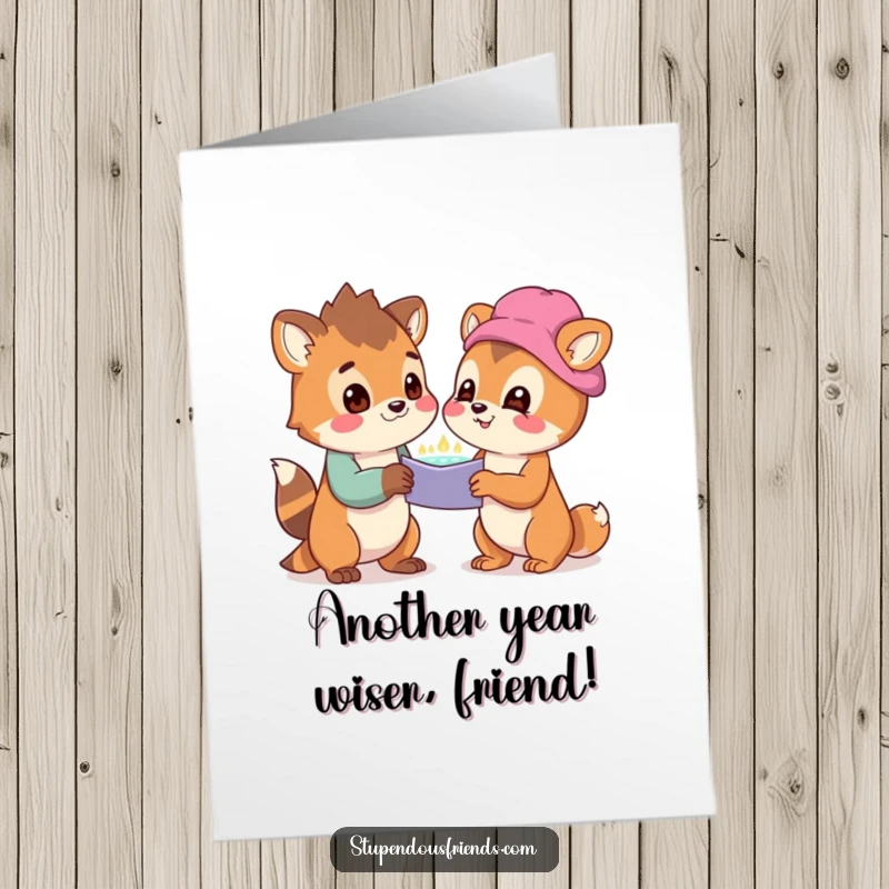 Funny Free Printable Birthday Card featuring two cute animals discovering something amazing with wide-eyed delight.