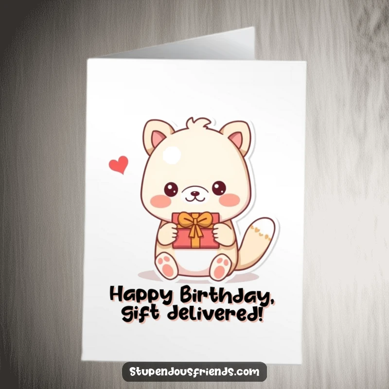 Funny Free Printable Birthday Card, one animal character proudly presenting a colorful handmade gift to a happy friend.