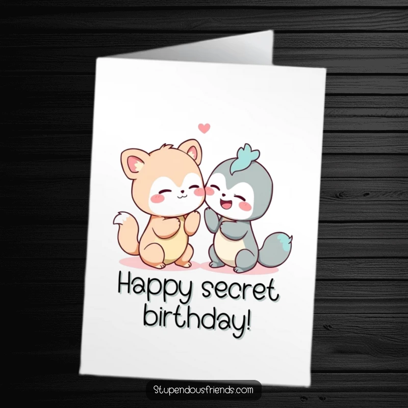 Funny Free Printable Birthday Card shows two animal characters whispering secrets and giggling uncontrollably, sharing a hilarious moment.