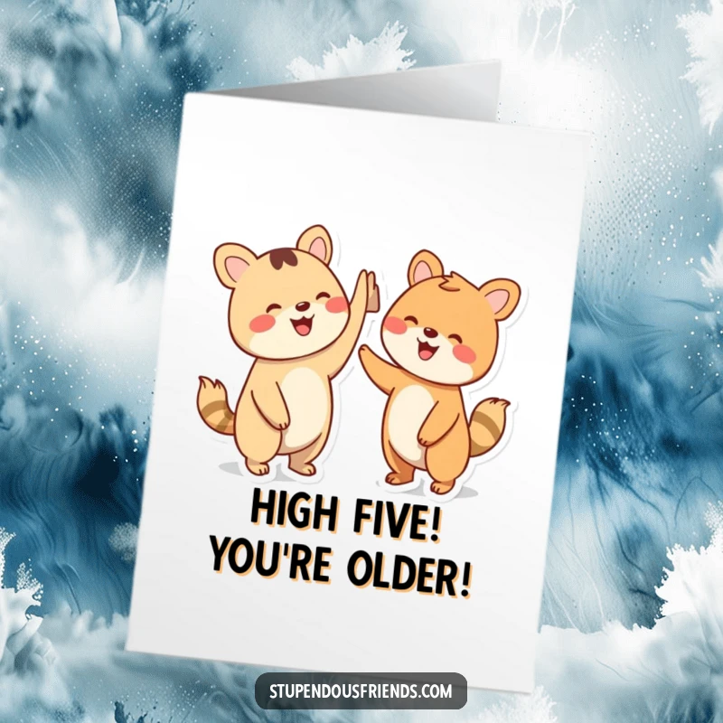 Funny Free Printable Birthday Card showing two happy simplified animal characters enthusiastically high-fiving with wide smiles, celebrating a great day.