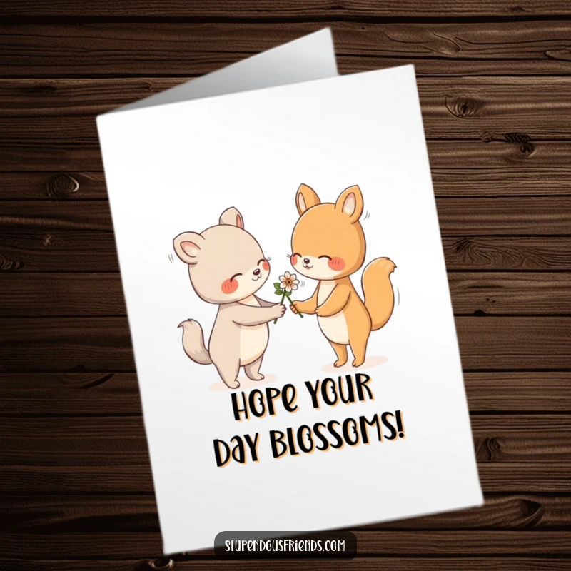 Funny Free Printable Birthday Card showing one animal gently offering a flower to another with a friendly, kind expression.