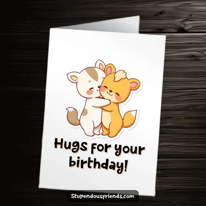 Free Printable Birthday Card featuring two adorable animal characters sharing a tender, warm hug, conveying heartfelt birthday wishes.