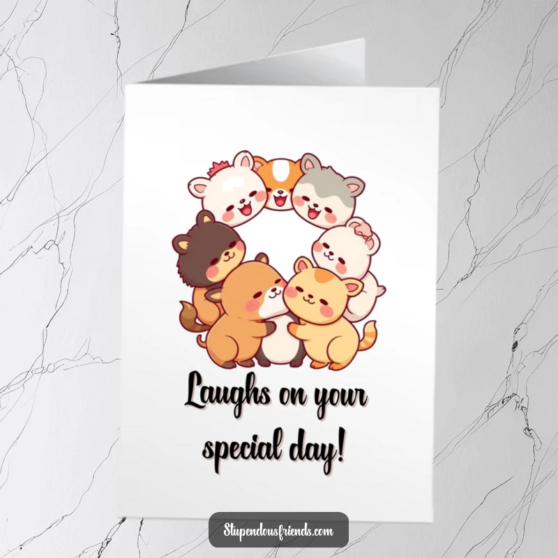 Funny Free Printable Birthday Card: Adorable Kawaii animals in a circle, heads together, erupting in shared, infectious laughter.