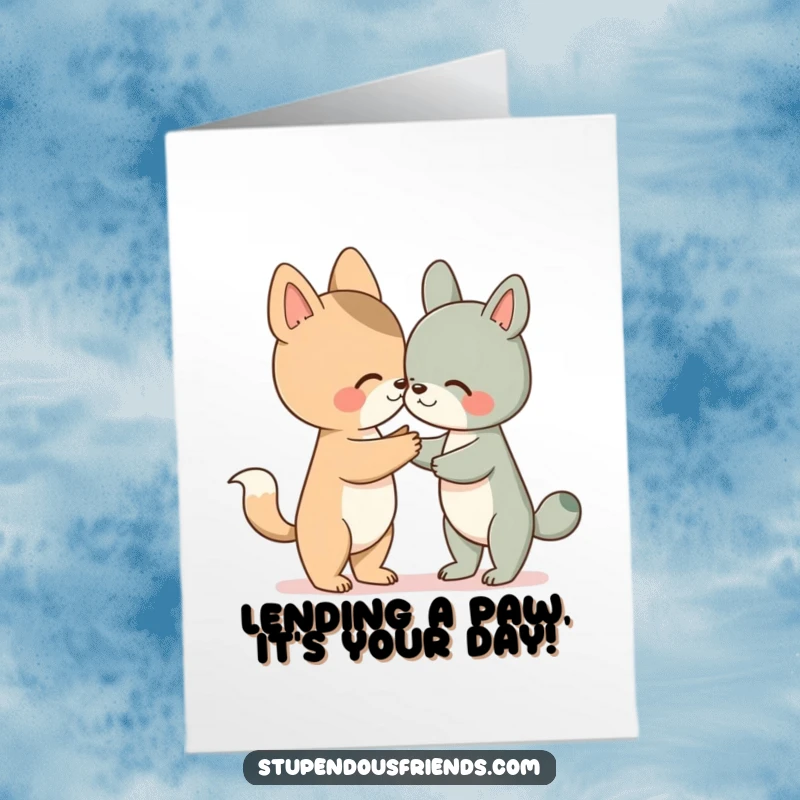 Funny Free Printable Birthday Card featuring a cute animal character lending a helping paw to a friend in need.