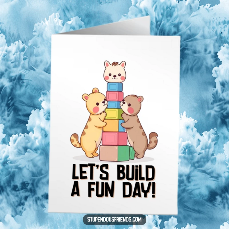 Funny Free Printable Birthday Card: Two animals hilariously stacking colorful blocks for a wobbly tower, downloadable fun.