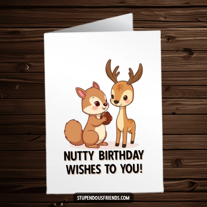 Funny Free Printable Birthday Card: A cheerful squirrel offering a large nut to a gentle, appreciative deer.
