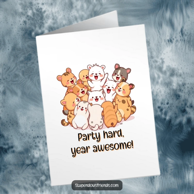 Funny Free Printable Birthday Card: Group of diverse animals in a circle, cheering and laughing heartily.
