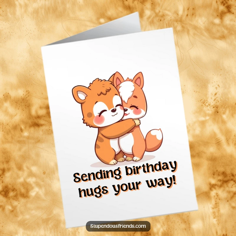 Funny Free Printable Birthday Card showing one animal character giving a comforting hug.