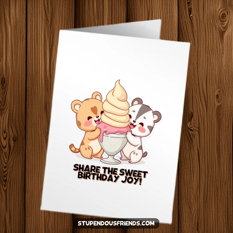 Funny Free Printable Birthday Card: Animals ecstatically sharing one enormous scoop of ice cream, pure joy evident.