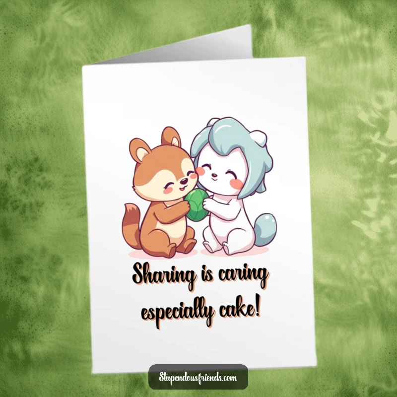 Cute Free Printable Birthday Card: An animal character playfully sharing a toy with a friend, embodying generosity and fun, printable.