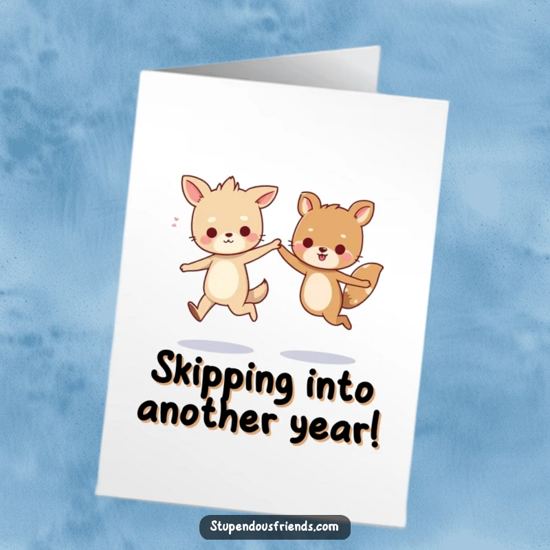 Funny Free Printable Birthday Card: Two cheerful animals skipping hand-in-hand, spreading joy and laughter on a special day.