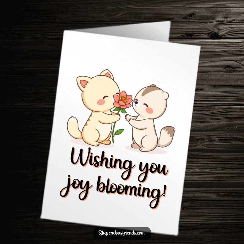 Free Printable Birthday Card: One animal character gently offering a vibrant blooming flower to another, expressing warm wishes.