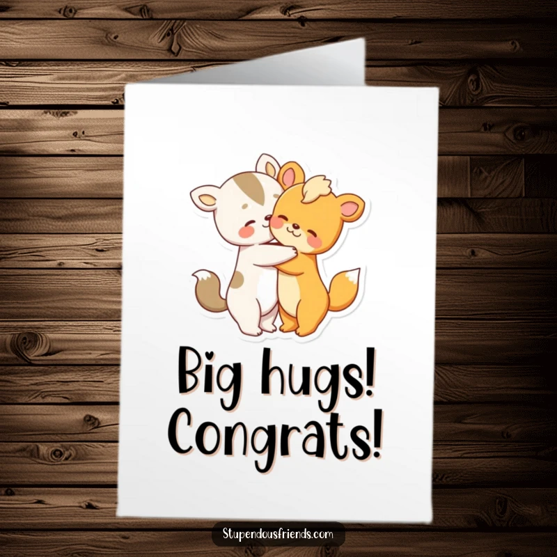 Free Printable Congratulations Card showing two charming animal characters locked in a warm, comforting hug, celebrating success.