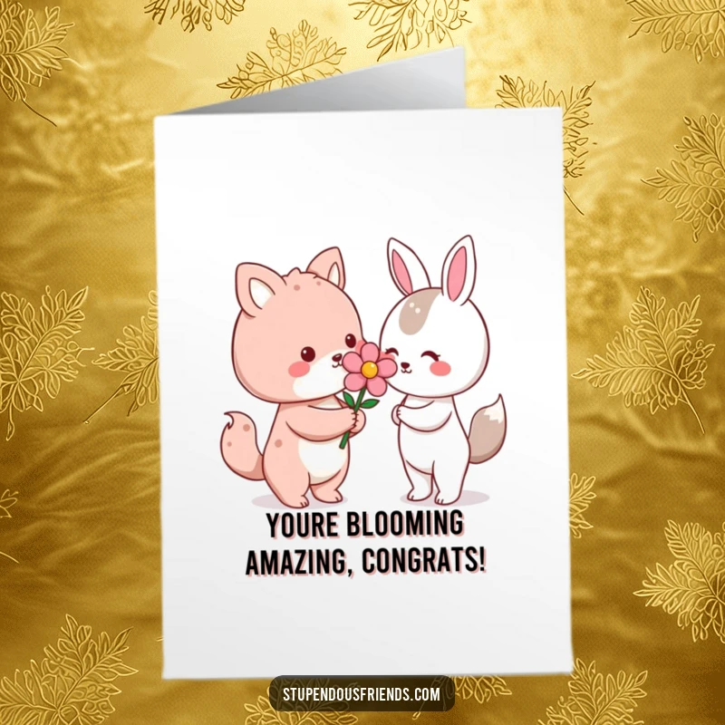 Funny Free Printable Congratulations Card: A sweet Kawaii animal presents a bright, colorful flower to another character, expressing warm congratulations.