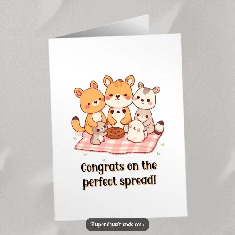 Funny Free Printable Congratulations Card, animal characters relaxing and sharing food on a picnic blanket, a scene of camaraderie.