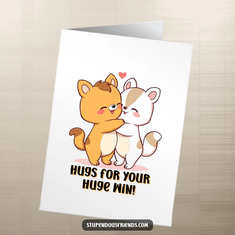 Funny Free Printable Congratulations Card, two friendly animal characters giving each other a big, warm hug, celebrating togetherness.
