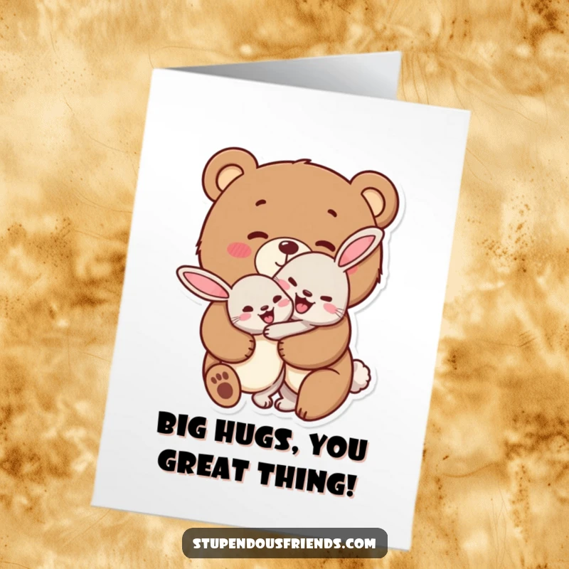 Funny Free Printable Congratulations Card, a bear character giving a big, cheerful hug to a rabbit, symbolizing shared celebration.