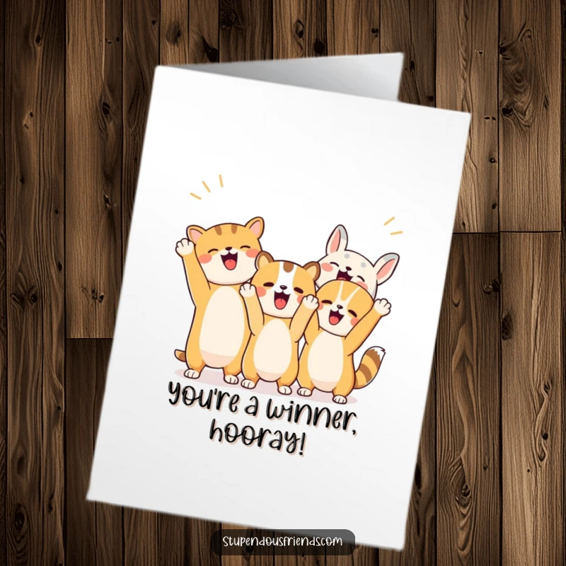 Funny Free Printable Congratulations Card with jubilant animals raising paws and cheering with excitement.