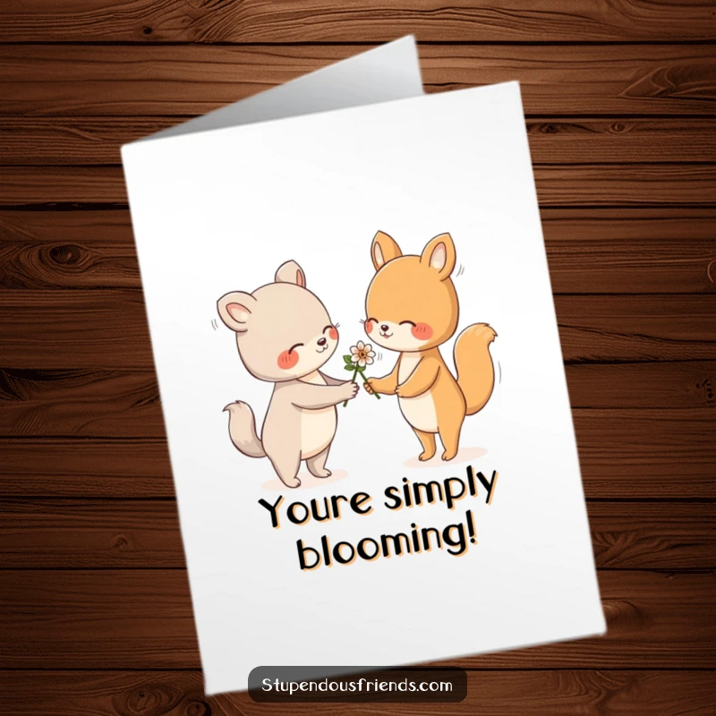 Funny Free Printable Congratulations Card with one animal presenting a flower to another in a kind, supportive gesture.