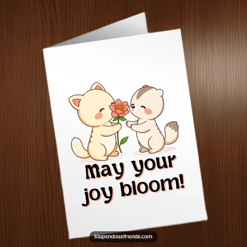 Free Printable Congratulations Card: An animal character presents a beautiful blooming flower to another, symbolizing achievement and growth.